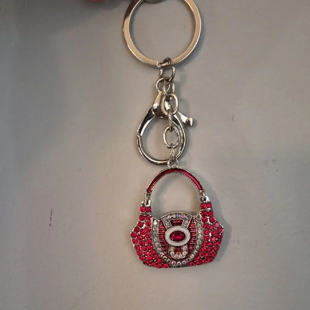 Purse Shaped Bag Charm Key Charm Red and Silver Handbag Keychain
